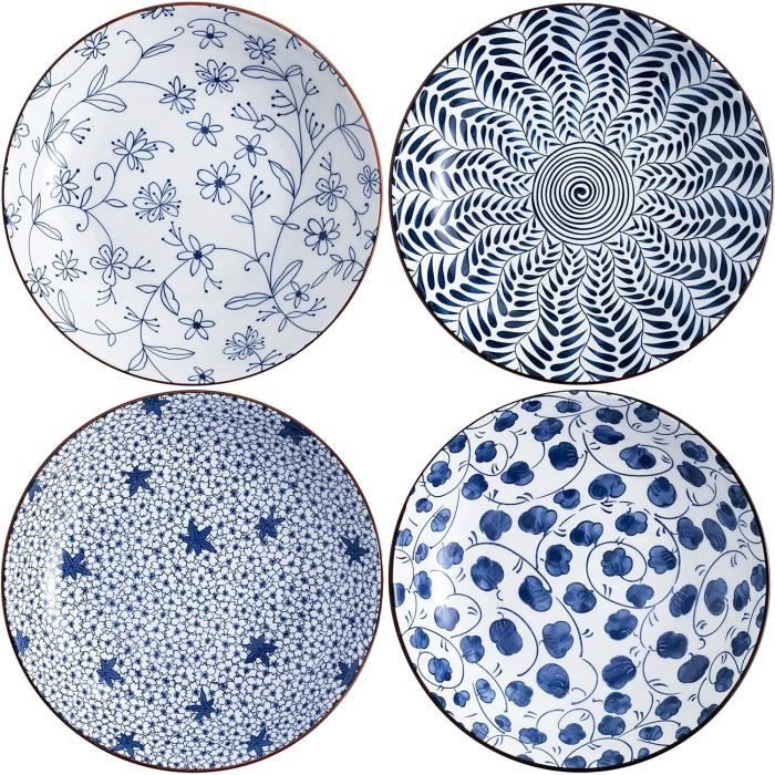 Lot De 4 Bols En Céramique 35 Oz (1L) Motif Citrons - Pour Soupe, Pâtes, Salade - Lavables Au Lave-vaisselle
