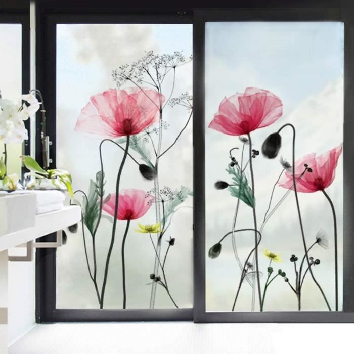 decalmile s Muraux Fleurs de Pavot Film Fenêtre Fleurs Autocollant Mural Film Vitre Salle de Bain Salon Chambre Bureau82