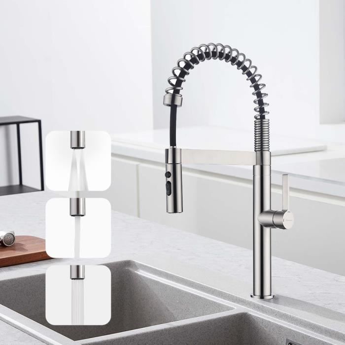 Mitigeur Cuisine ZYB Avec Pulvérisateur Extensible - 3 Modes, Rotation 360°, Acier Inox Brossé, WRAS