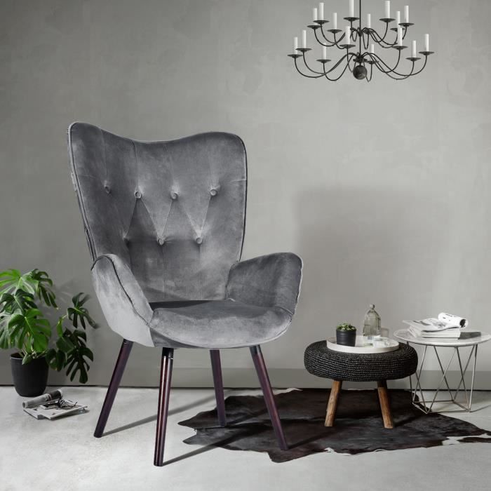 un fauteuil de relax scandinave gris velours pied marron 68x73x106cm