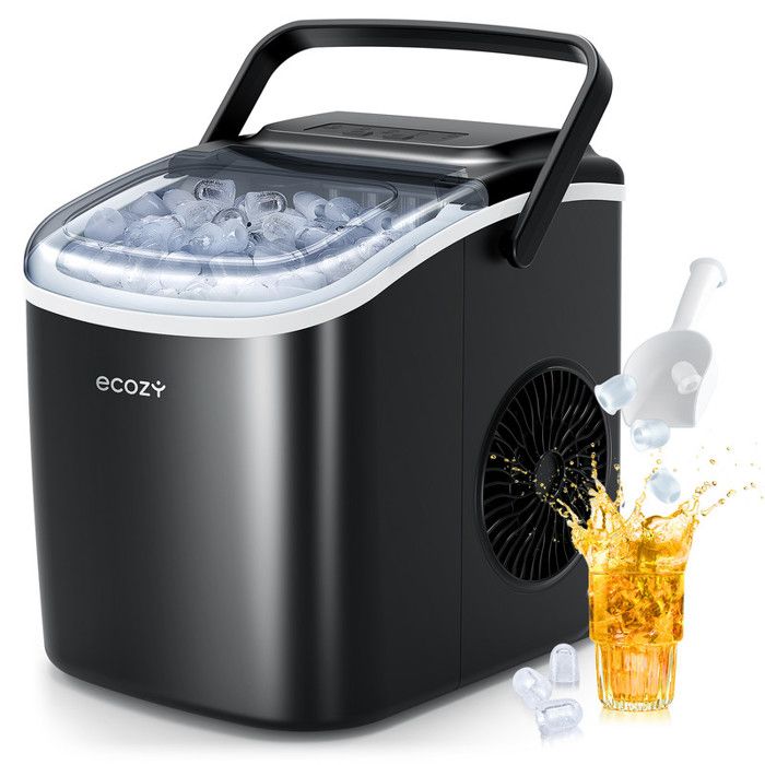 Ecozy Machine à Glaçons Portable 12kg/24H - 9 Glaçons en 6 Minutes - 2 tailles de glaçon - Silence - Fonction Autonettoyante - Noir