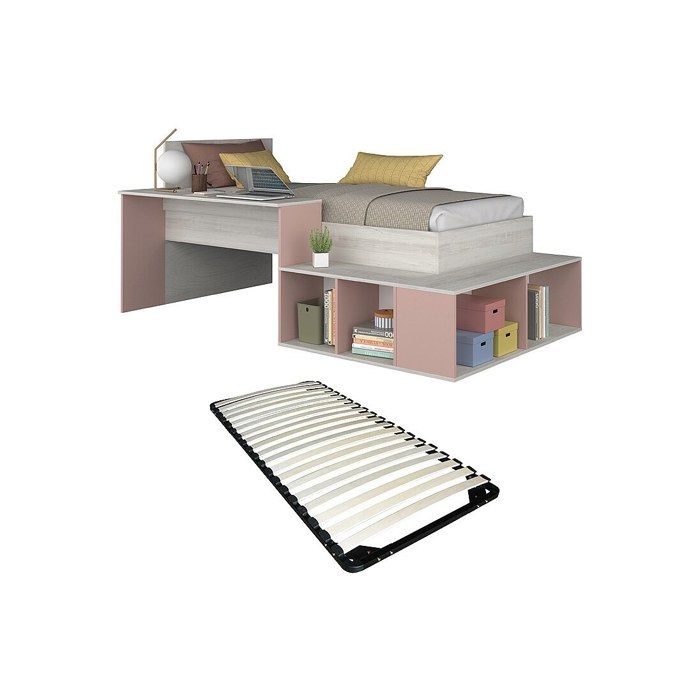 Lit combiné 90 x 200 cm avec rangements et bureau - Coloris : Naturel et rose + Sommier - RIGALI Lit combiné 90 x 200 cm avec rangements et bureau - Coloris : Naturel et rose + Sommier - RIGALI