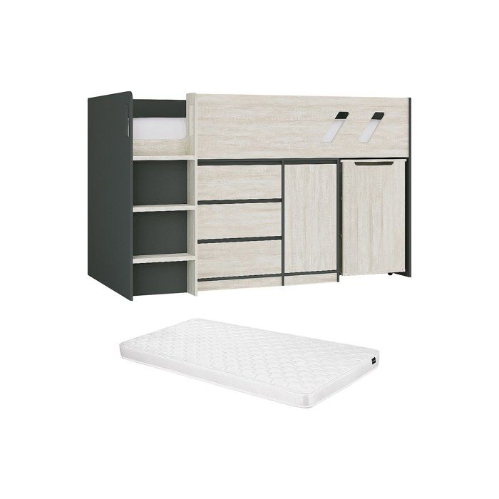 Lit combiné 90 x 190 cm avec bureau et rangements - Coloris : Anthracite et naturel grisé + Matelas - SAGITI Lit combiné 90 x 190 cm avec bureau et rangements - Coloris : Anthracite et naturel grisé + Matelas - SAGITI