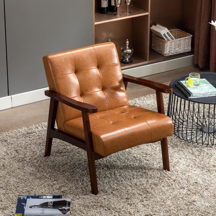 fauteuil en bois au design scandinave et cuir caramel-l 67 x l 76 x h 76 cm