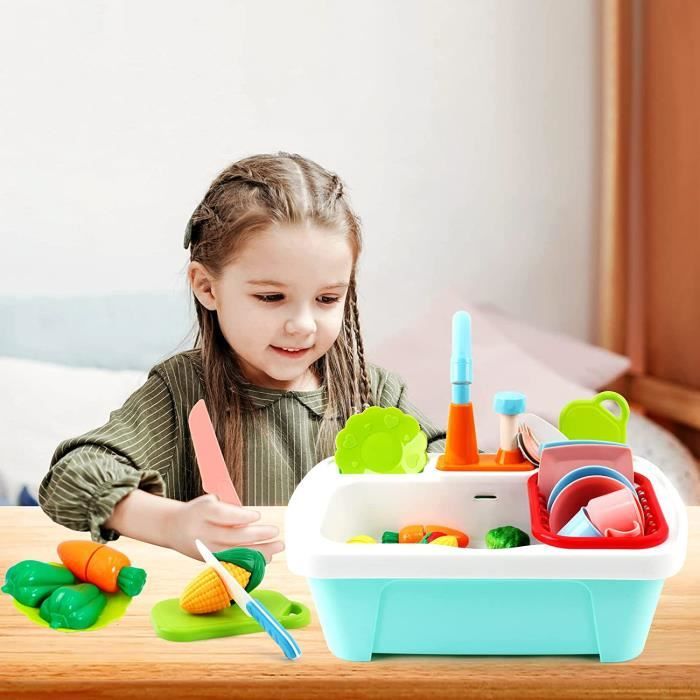 DeAO Ensemble De Jeu De 28 Pièces Pour évier De Cuisine Comprenant Des Jouets De Coupe Des Ustensiles De Cuisine Un Robinet Amz