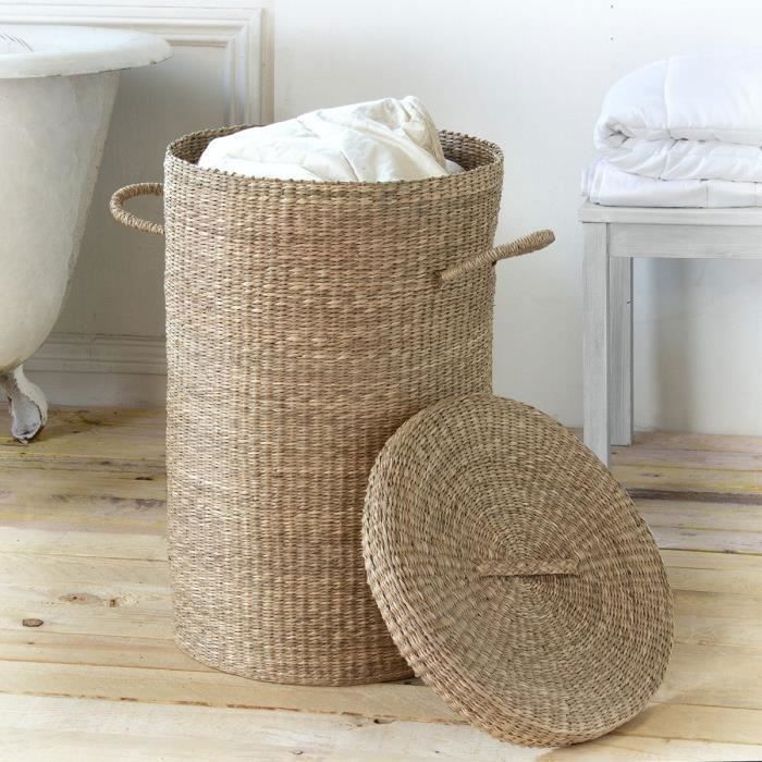 Panier a linge en jonc de mer naturel CASAME Avec couvercle Style Campagne Cdiscount Maison