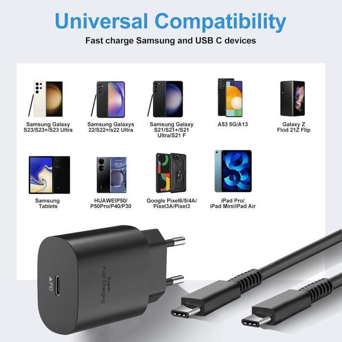 Chargeur Adaptateur 25W + Câble USB-C Rapide 60W pour Samsung Galaxy A34  A33 A32 4G/5G A54 A53 A52 4G/5G A52s - Noir - E.F.Connection
