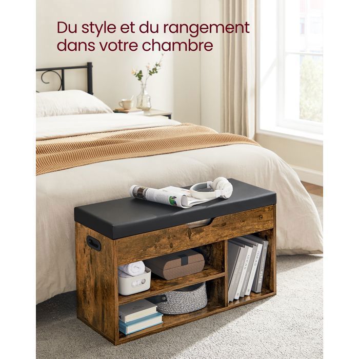 Banc à Chaussures Rembourré VASAGLE 3 Compartiments + Coffre | Banc D’Entrée 136 Kg Marron Rustique 100 Cm