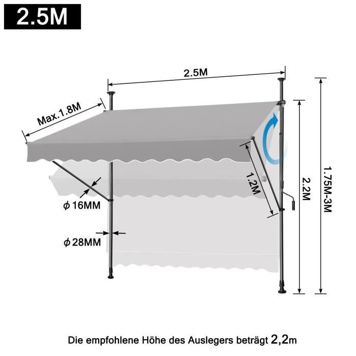 XMTECH 250x120cm Auvent Balcon Rétractable AntiSoleil, Store Banne