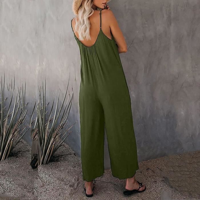 Combinaison Combipantalon Combishort Femme Ete 2023 Sexy a col en Rond Grande Taille Salopettes a Bretelles a l entrejambe Green