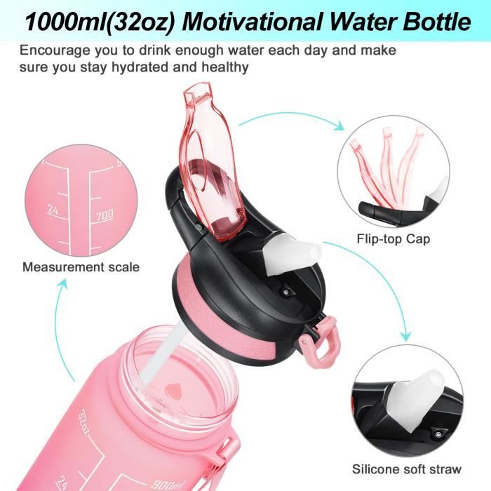 Bouteille d'eau de motivation avec marqueur de temps, bouteilles d'eau avec temps pour boire et paille avec sangle de transport, parfaite pour le