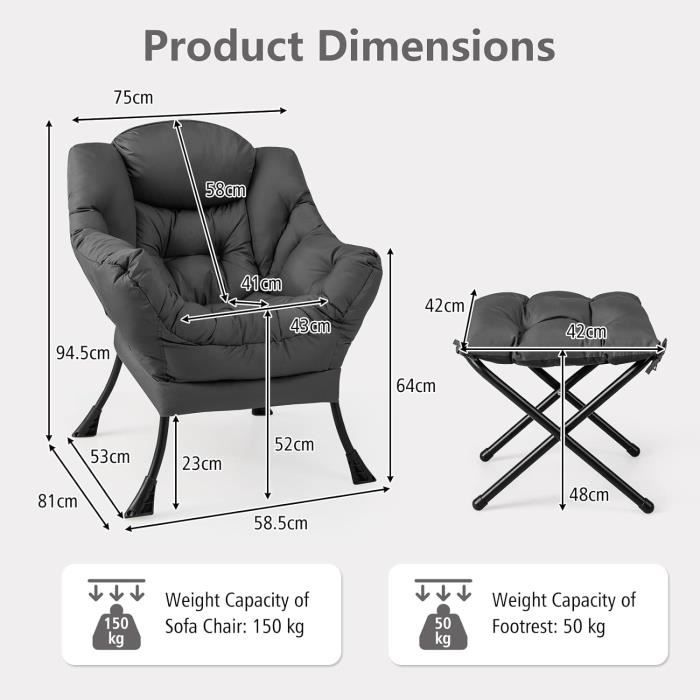 RELAX4LIFE Fauteuil Avec Repose-Pied Assorti, Fauteuil Relaxant Rembourré Confortable Avec Poche Latérale, Appui-tête Confortable Et Patins De Pied Antidérapants Pour Chambre Salon Bureau (Bleu