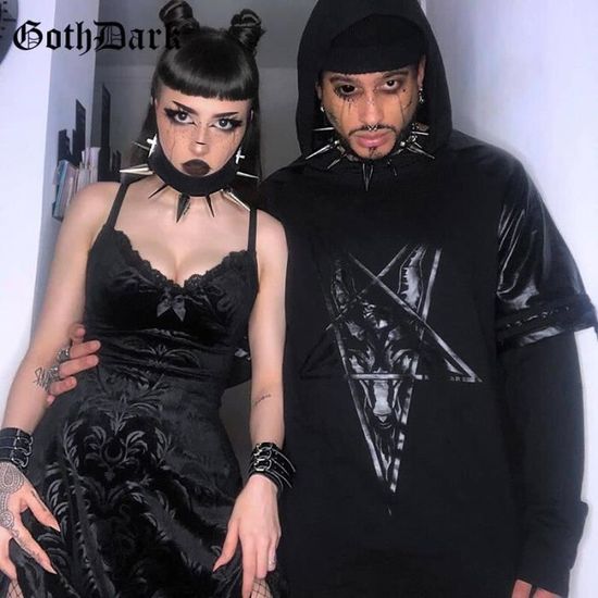 Robe gothique vintage noire pour femmes Goth Dark tenue d ete moulante a bandes col en V et broderie Blanc Cdiscount Pret a Porter