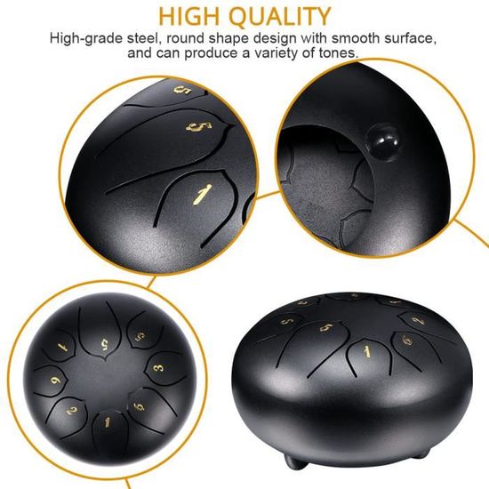 Tambour /à Tambour en Acier FastUU Tambour /à Langue Portable Black Mini 5 Pouces Durable /à la Main avec Sac en Tissu pour Enfants