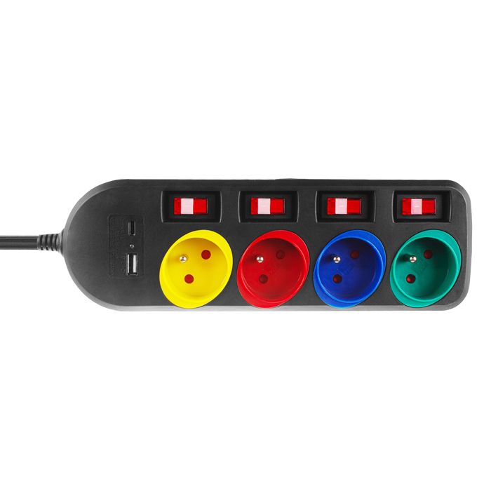 Multiprise Avec Interrupteur 2m 3 Prises De Terre 4 USB 1 PD 2000W MAX Noir Beetro 2586