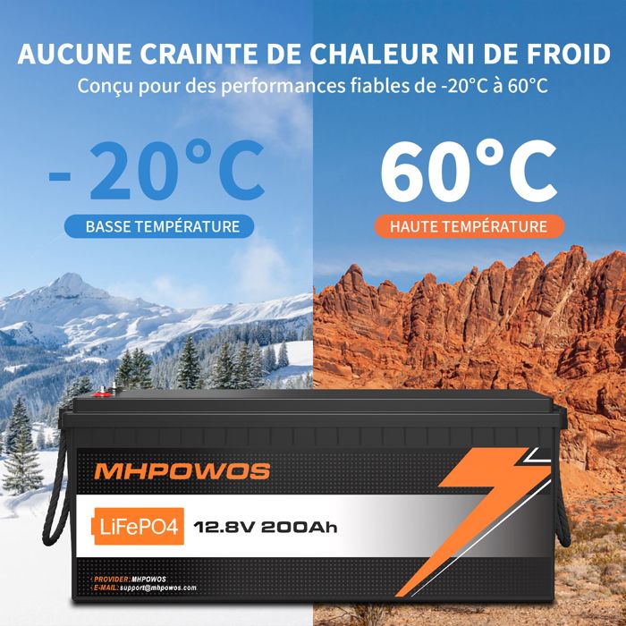 Batterie Lithium LiFePO4 12V 200Ah - 2560Wh, 4000+ Cycles, BMS 200A, IP65 - Pour Camping-car, Bateau, Solaire, Backup