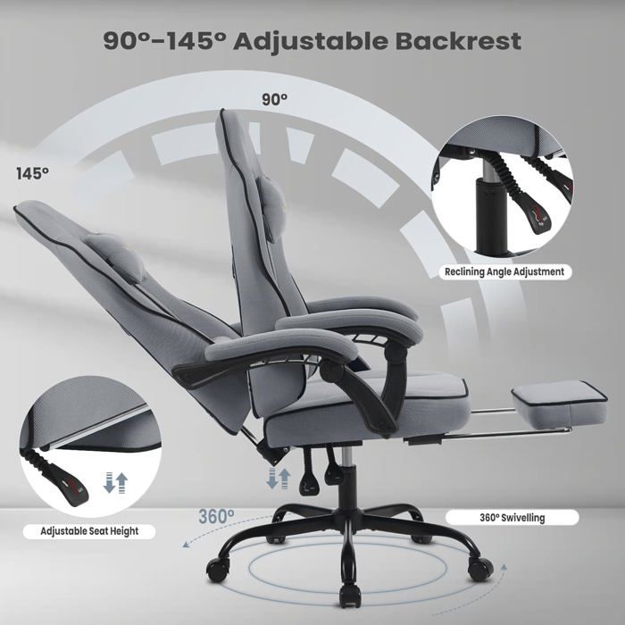 Chaise Gamer Ergonomique Avec Massage Lombaire - Tissu Velours Gris - Dossier Inclinable 90-125° - Repose-pieds Rétractable - Roulettes Silencieuses - Support Jusqu'à 115 Kg