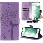 E-TEC Coque + 2 Verres Trempés pour Samsung Galaxy S22, Protection Cuir PU Violet avec Motif Chat Arbre Papillon
