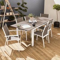 Salon de jardin table extensible - Chicago 210 Taupe - Table en aluminium 150/210cm avec rallonge et 6 assises en textilène