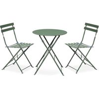 Salon de jardin bistrot pliable - Emilia rond vert de gris - Table Ø60cm avec deux chaises pliantes. acier thermolaqué