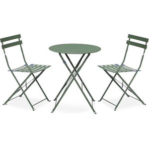 Ensemble table et chaise de jardin Salon de jardin bistrot pliable - Emilia rond vert de gris - Table Ø60cm avec deux chaises pliantes. acier thermolaqué