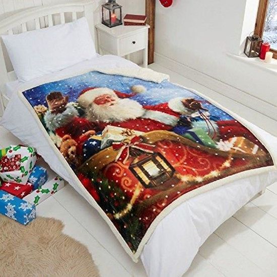 125 x 155cm Motif père Noël sur Son traineau Couverture en Polaire Douce Tonys Textiles 