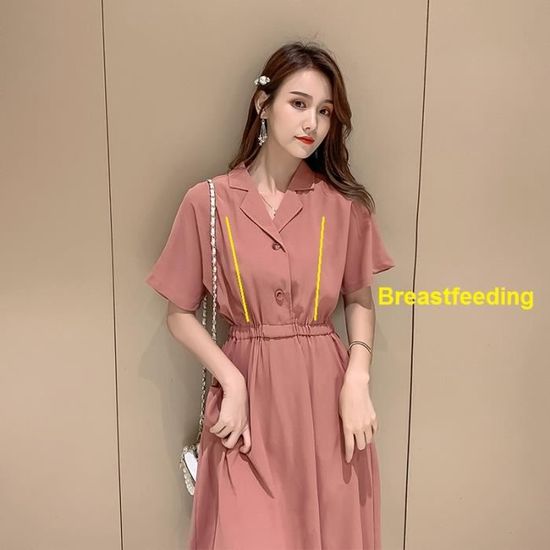 Robe De Maternité Manches Pour Allaitement - Robe Solide Décontractée Avec Poches - Confort Et Élégance
