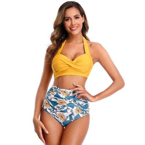 Maillot De Bain 2 Pièces Femme Tankini OUSIMEN - Col V Froncé, Push-up Et Laçage, Taille Haute - Plusieurs Tailles