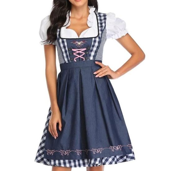 KBOPLEMQ Costume De Fête De La Bière Pour Femme - Robe Dirndl Bavaroise Traditionnelle Pour La Fête De La Bière - Tablier à Carreaux - Robe Fantaisie - Carnaval, Halloween, Cosplay, Q