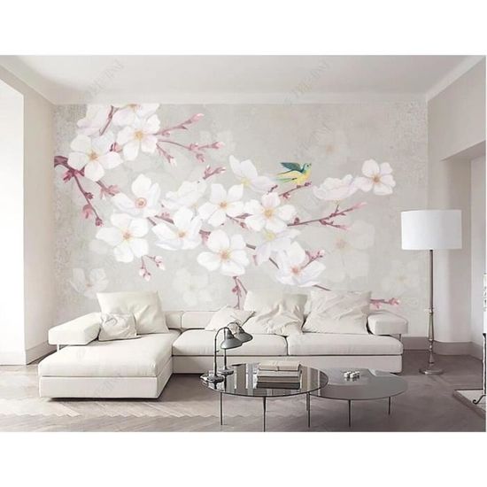 Papier Peint Panoramique Belle Fleur De Cerisier Et Oiseau Beige ...