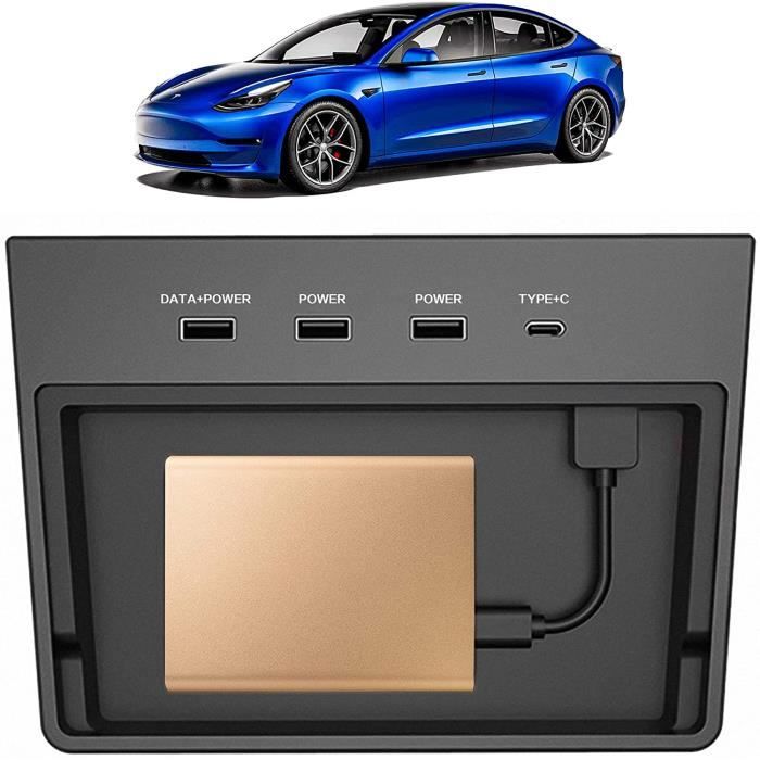 Hub USB Pour Tesla Model 3 - 5 Ports (3 USB-A, 1 USB-C, 1 Caché) - Boîtier De Rangement Console Centrale - Compatible Dashcam - 9