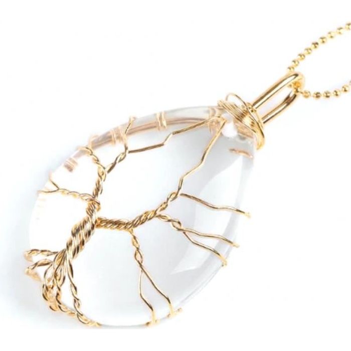 Collier + pendentif goutte Arbre de vie Cristal de roche naturel Transparent