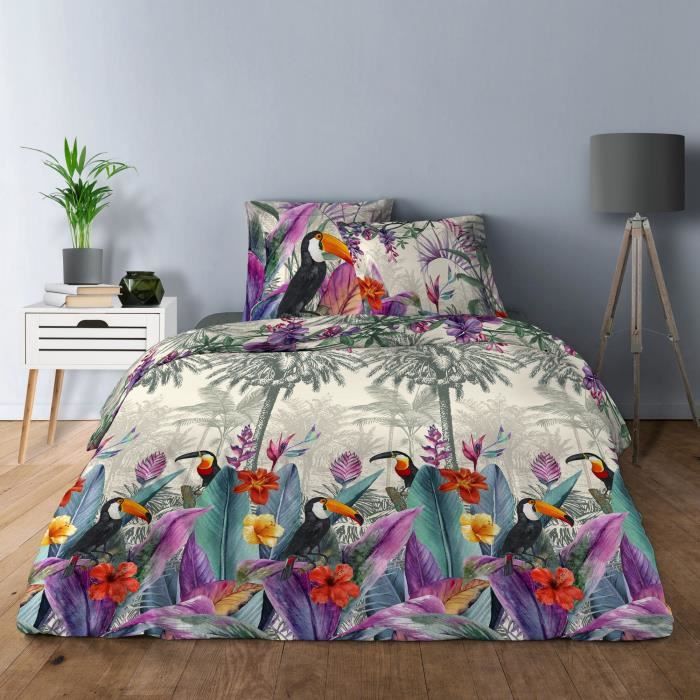 Parure de lit housse de couette avec taies d'oreiller 100% Coton 57 fils Toucan 240x260 cm