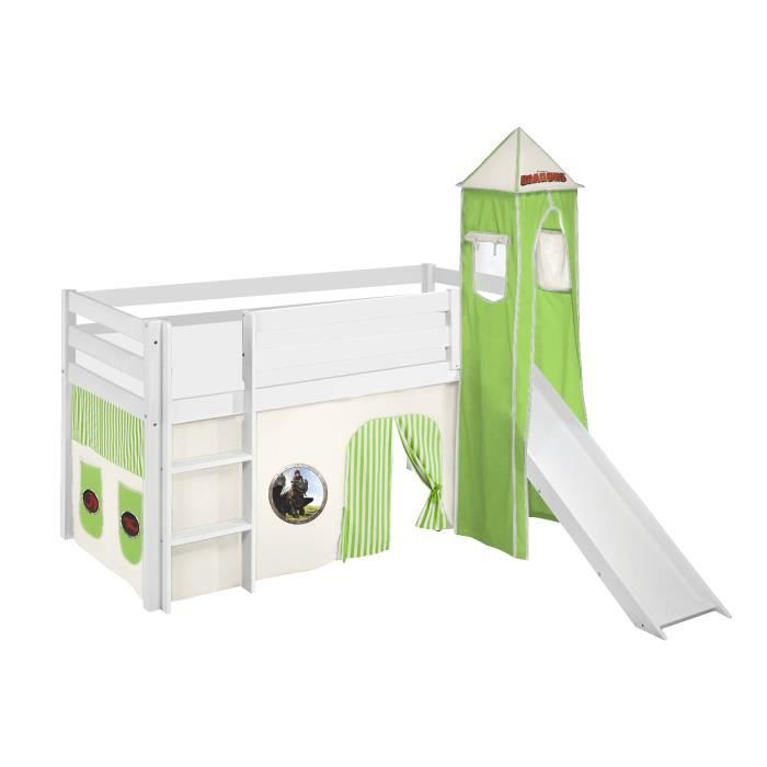Lit surélevé ludique JELLE 90 x 190 cm Dragons vert - avec rideaux, tour et toboggan - LILOKIDS - blanc laqué - Disney accessoires p