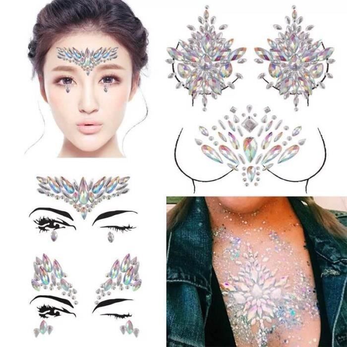 Warsoniod Strass Autocollant Visage,Bijoux Visage Festival Tatouage Temporaire Strass Bijoux Sein Pour Femme Visage Corps, 4pcs