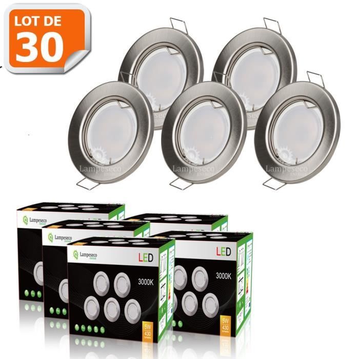 LOT DE 30 SPOT LED ENCASTRABLE COMPLETE RONDE FIXE ALU BROSSE eq. 50W BLANC CHAUD