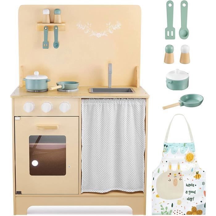 Mamabrum Cuisine Enfant en Bois Eclairage LED H 86 x 55 x 29,5 CM Tablier & Accessoires en Bois Four Placard Rideau CE & EN Beige