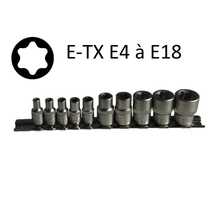 Douilles E-torx femelles E4-E18 sur rail 10 pcs