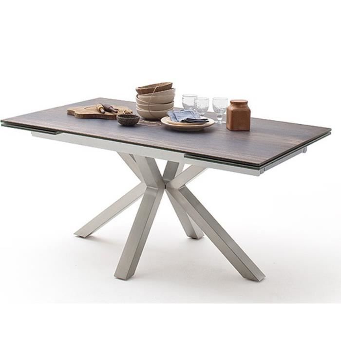 Table à manger extensible en céramique imi. bois Barique et acier brossé - L.160-240 x H.76 x P.90 cm