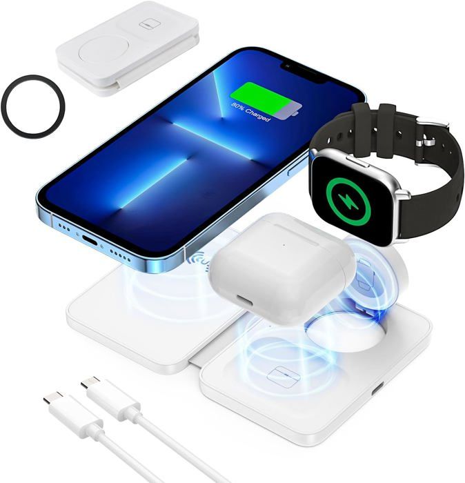 Station Charge Sans Fil 3 En 1 – Téléphone, Tablette, écouteurs, Montres – Noir, Pliable