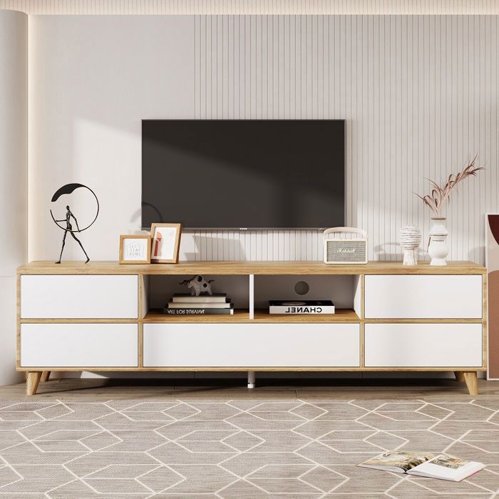 Meuble TV Armoire TV moderne avec veines de bois en bloc de couleur blanc Commode 175 cm pour Salon Meuble TV Armoire TV moderne avec veines de bois en bloc de couleur blanc Commode 175 cm pour Salon