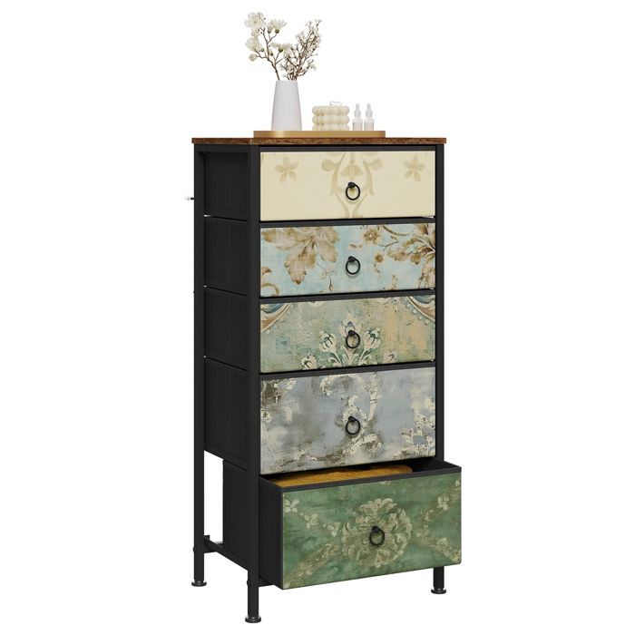Commode WOLTU - Chiffonnier avec 5 Tiroirs en Tissu - Armoire MDF et métal - Motif de Fleur Vintage W0ITT5019