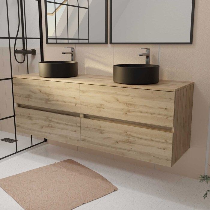 Meuble de salle de bains 160 TIMBER Décor Chêne - 4 Tiroirs - 2 Vasques Rondes Noires