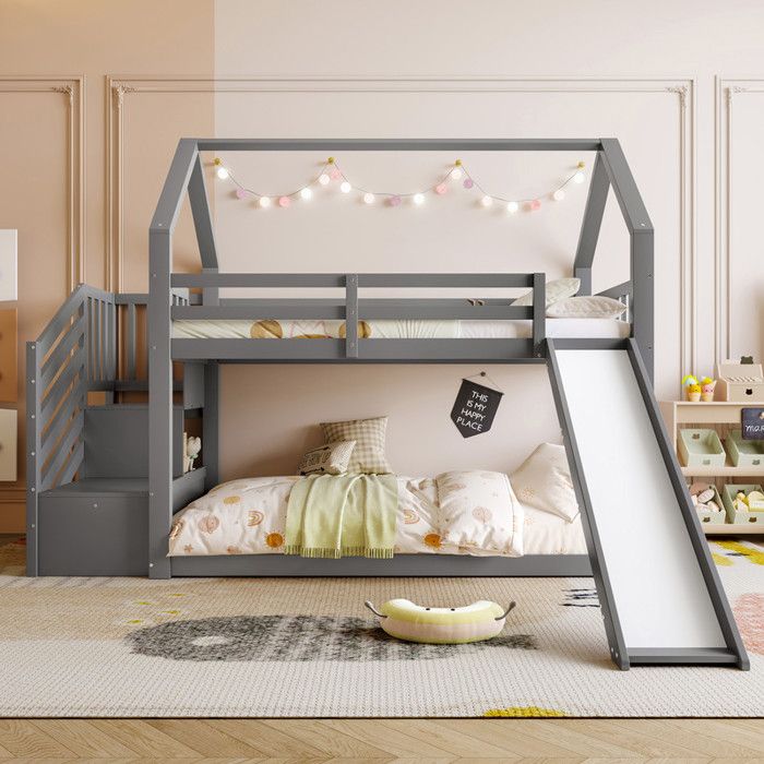 Lit Superposé/en Mezzanine Enfant 90x200 Cm Blanc - En Bois Avec Toit Design Et échelle Rangement - Sans Matelas - Capacité 120kg