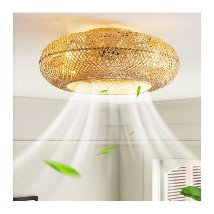 Ventilateur de plafond en rotin avec éclairage télécommande 6 vitesses de ventilation minuteur silencieux ampoule E27 50 W - Uverbon