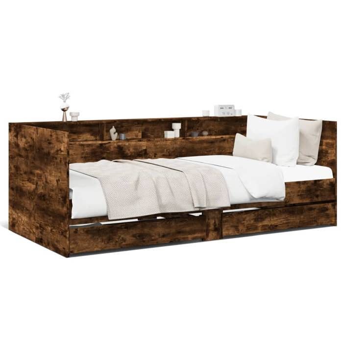 Lit de jour - Lit de repos - avec tiroirs - chêne fumé 90x190 cm bois dingénierie LL277314