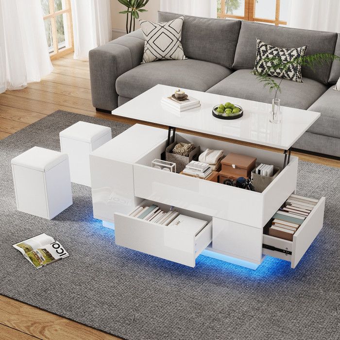 Table basse 4 en 1 LED Relevage Hydraulique 2 Tiroir Compartiments Rangement 2 Bancs100x50x45cm Blanc Brillant