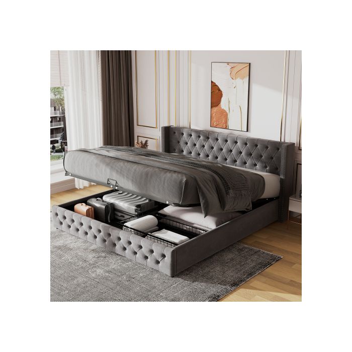 Lit Coffre 180x200cm Velours Gris avec Sommier - Lit Rembourré - Rangement Hydraulique Style Chesterfield Clous Déco