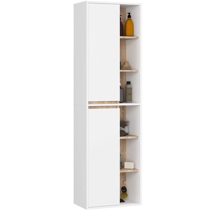 Colonne salle de bains VAMI suspendu Blanc et Chêne Sonoma 50 cm 2 portes 10 étagères 50x30x170 cm