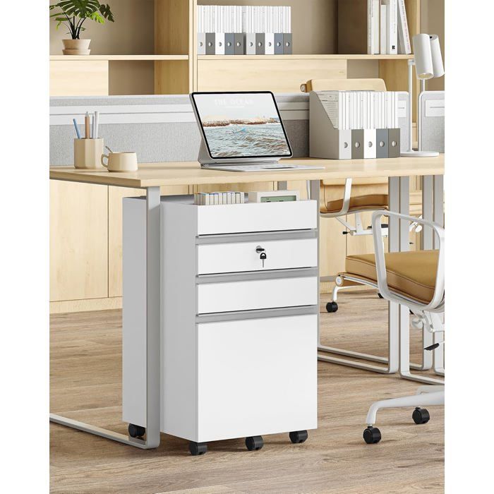 Caisson de Bureau Meuble de Bureau Casier sur roulettes Verrouillable avec 3 tiroirs Espace de Rangement supplémentaire Blanc